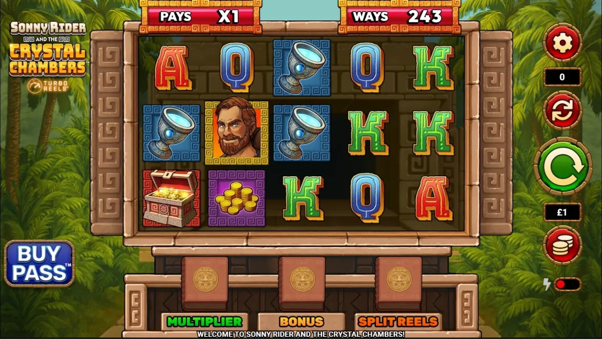 Pemandangan hutan Aztec dalam slot Sonny Rider & The Crystal Chambers